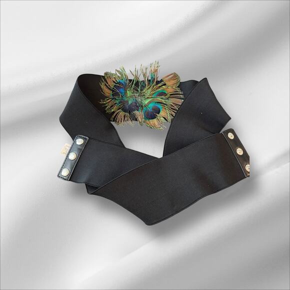Hot in Hollywood Black Wide Belt Peacock Feather Accent 44” Plus Stretch Boho - Picture 1 of 6